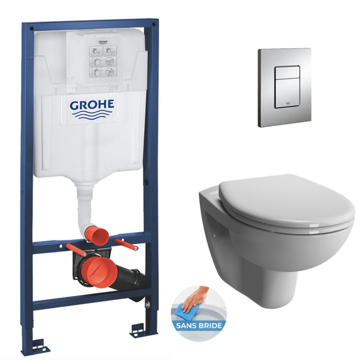 Pack WC Bâti-support Rapid SL + Vitra Normus WC suspendu sans bride + Abattant frein de chute + Plaque Chrome