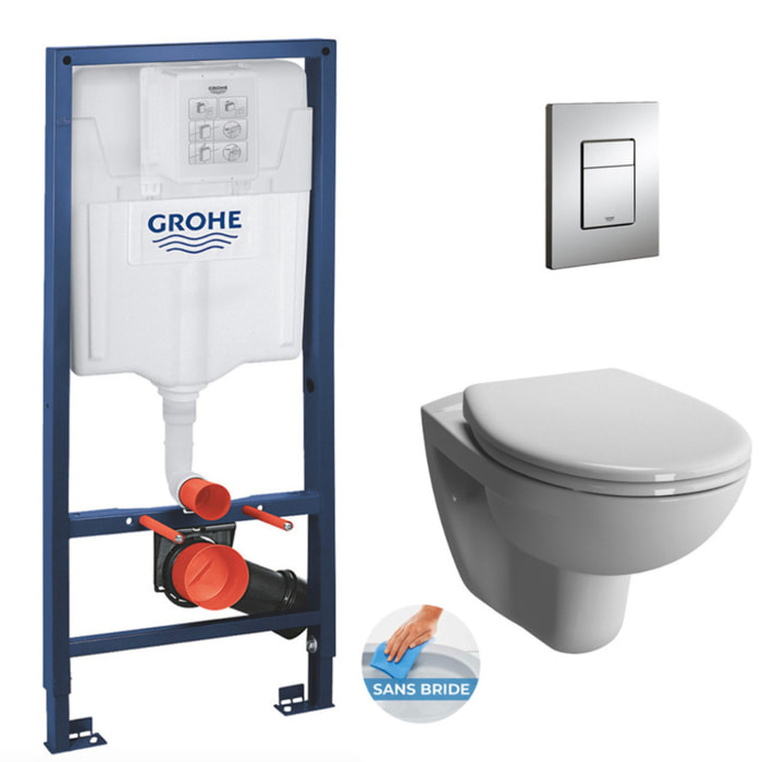 Pack WC Bâti-support Rapid SL + Vitra Normus WC suspendu sans bride + Abattant frein de chute + Plaque Chrome