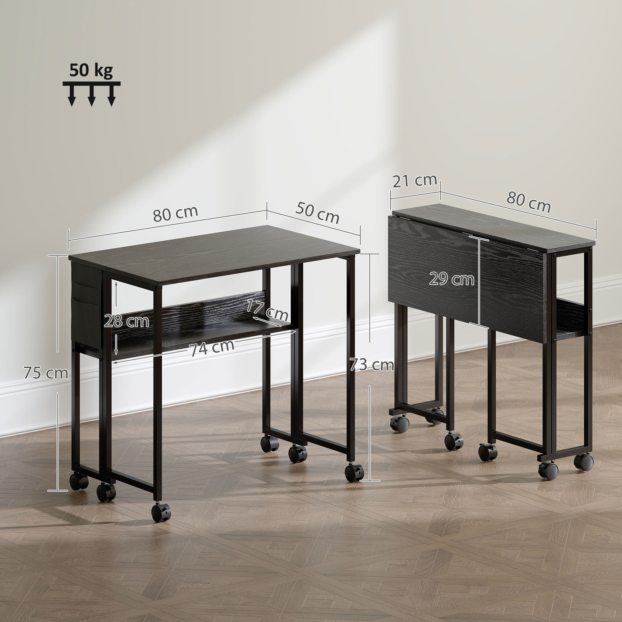 Escritorio Plegable con Ruedas y Estante, Mesa Escritorio Compacta con Bolsillo de Almacenaje, Mesa de Ordenador Portátil para Casa, Oficina, Espacios Pequeños, 80x50x75 cm, Negro