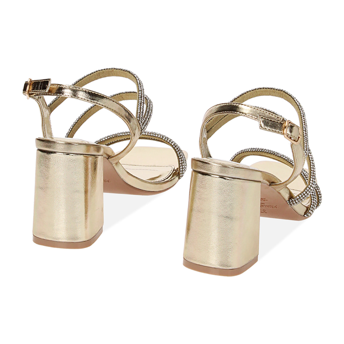 Sandalias con tacón dorado en laminado con piedras
