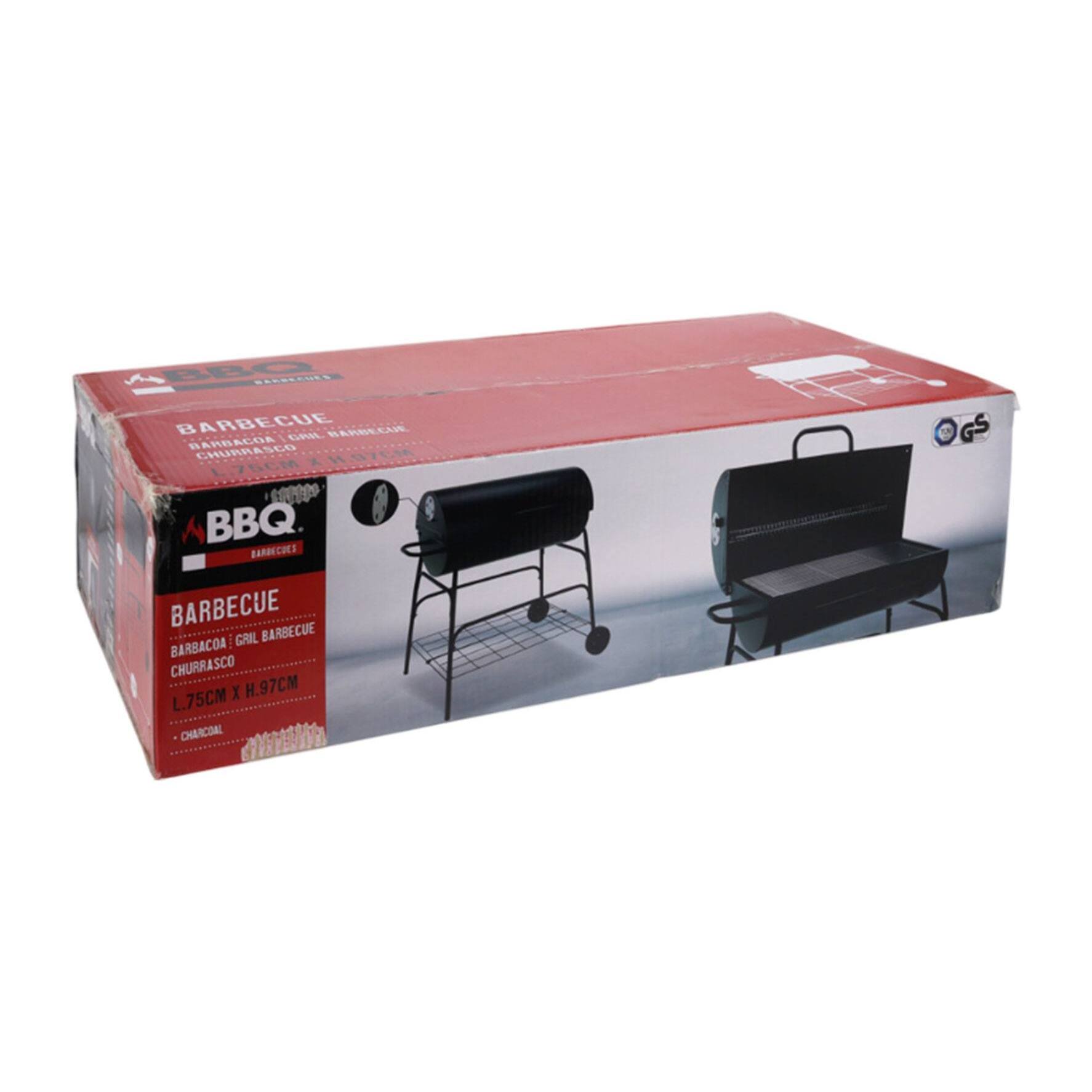 Barbacoa de cilindro con ruedas, color negro y parrilla de cocción chapada H.97cm