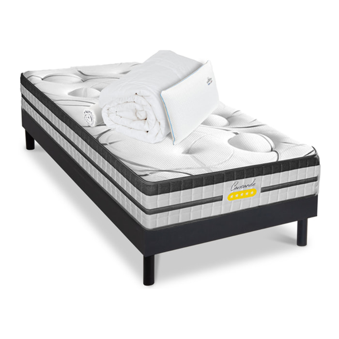 Ensemble Matelas Hybride Concorde & Sommier Bois, Ressorts Ensachés & Mémoire de Forme, 26 cm, Technologie Tri-lattes, Soutien Ferme