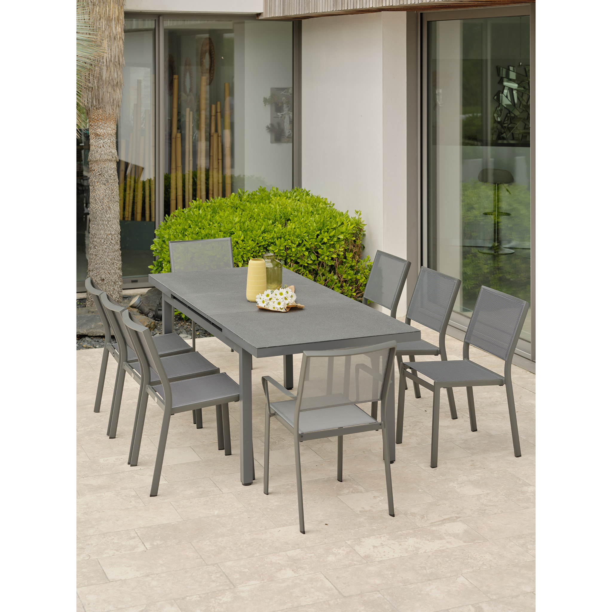 DANIA - Ensemble repas de jardin 8 places en aluminium gris anthracite