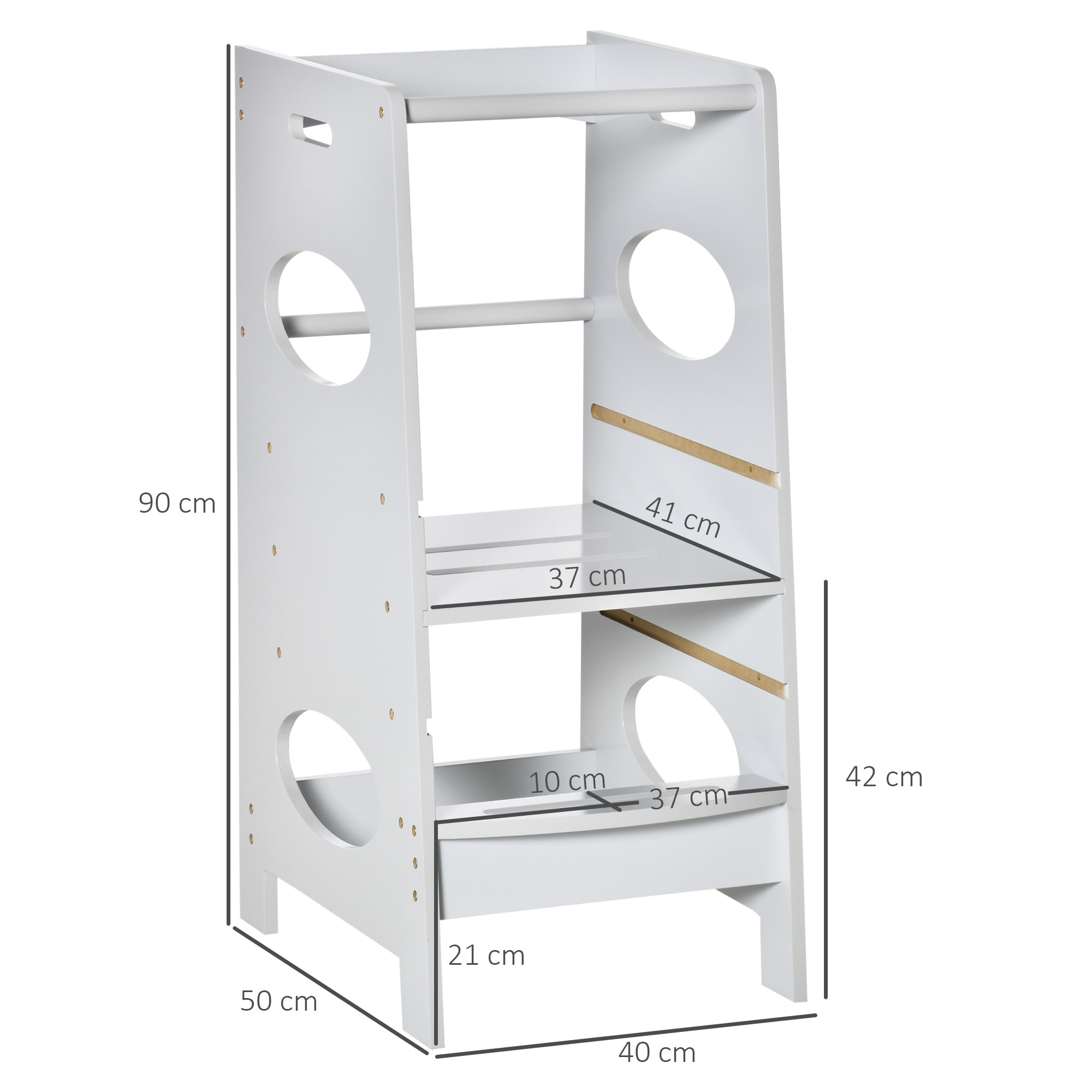 Torre de Aprendizaje de Madera para Niños Taburete de Cocina Infantil con Pedal Altura Ajustable en 3 Posiciones y Barra de Seguridad 40x50x90 cm Gris