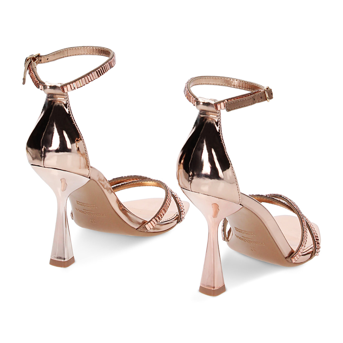 Sandali rosa-oro a specchio con pietre, tacco 9,5 cm