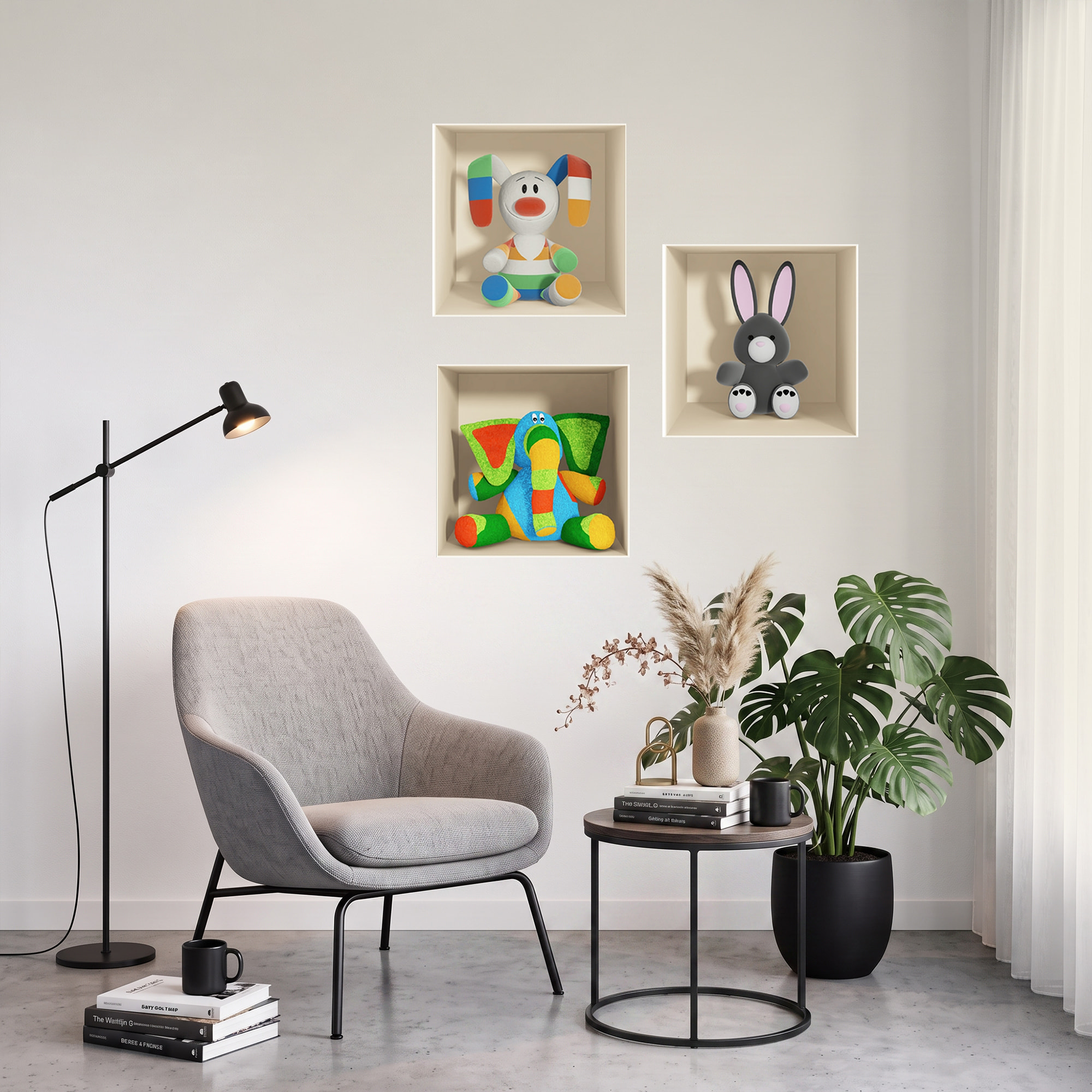 Stickers muraux 3D | Sticker Mural Autocollant effet 3D jouets Ãƒâ€°léphant, lapin gris et lapin en couleurs - Stickers adhésifs 3D Chambre Salon Trompe l'oeil
