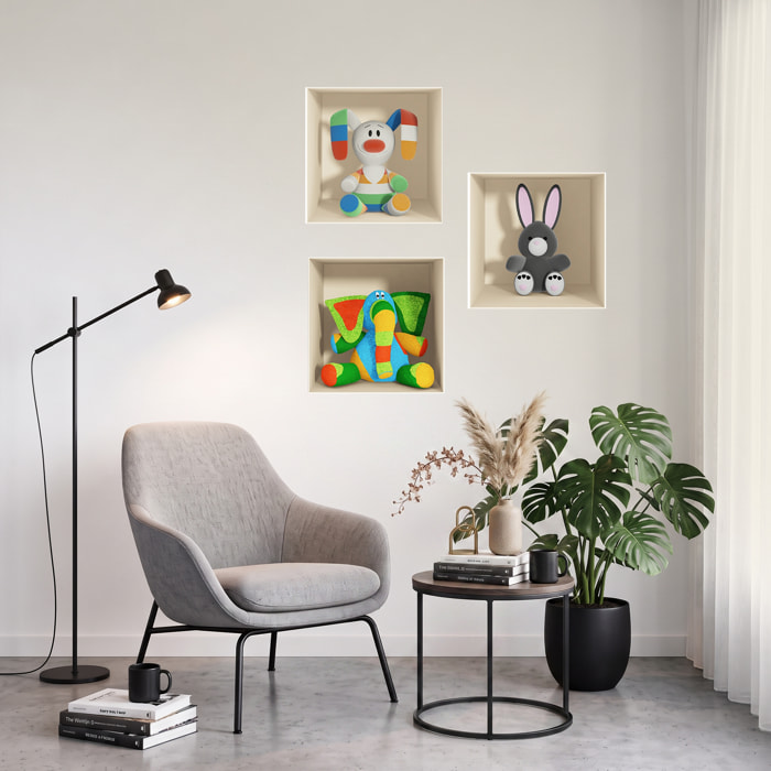 Stickers muraux 3D | Sticker Mural Autocollant effet 3D jouets Ãƒâ€°léphant, lapin gris et lapin en couleurs - Stickers adhésifs 3D Chambre Salon Trompe l'oeil