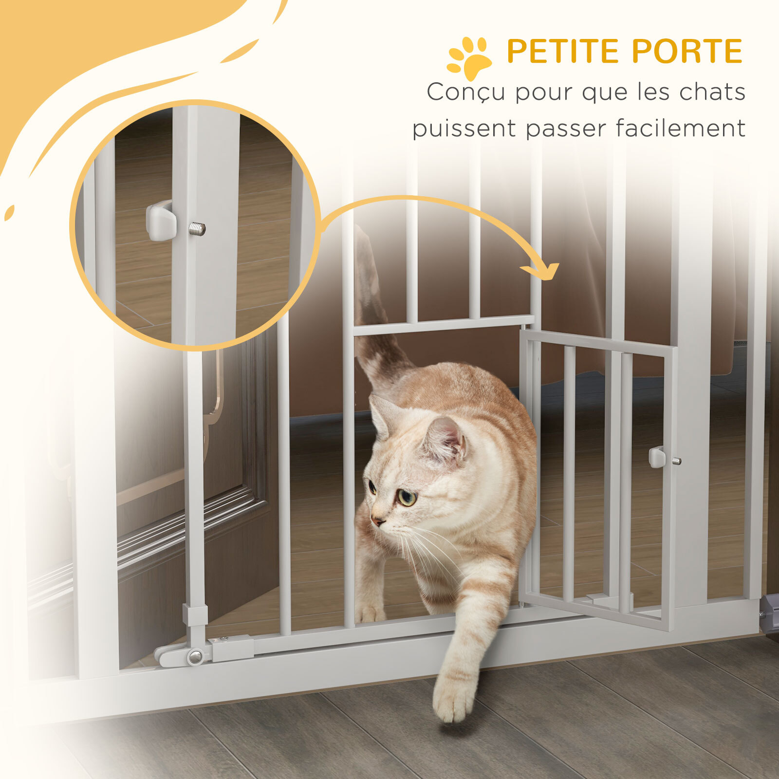 Barrière de sécurité animaux - longueur réglable dim. 74-80 cm - porte double verrouillage, ouverture double sens, petite porte -sans perçage - acier plastique blanc