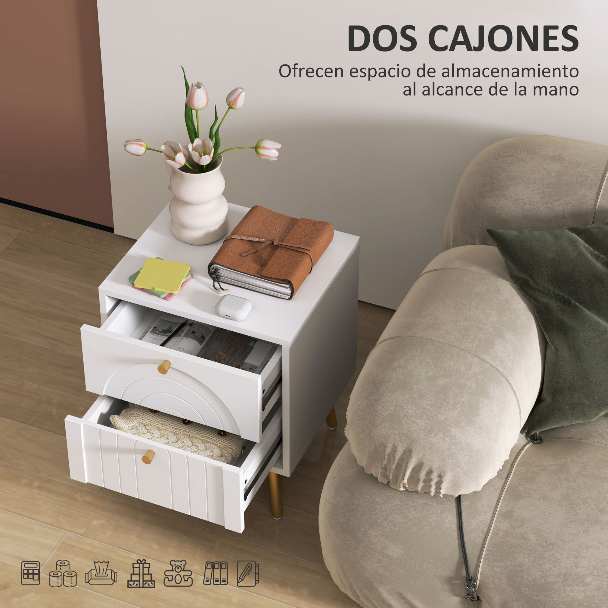 Pack de 2 Mesitas de Noche Mesillas de Noche Dormitorio con 2 Cajones y Patas de Acero Estilo Moderno 40x35x50 cm Blanco