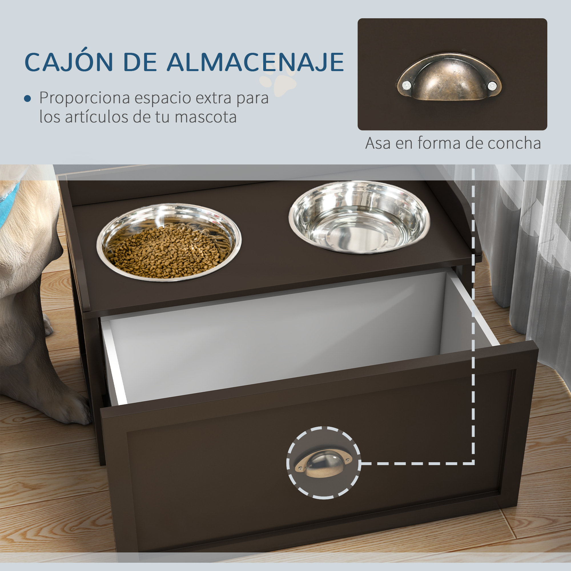 Comedero Elevado para Perros Grandes Cuencos para Perros con 2 Tazones 2000ml de Acero Inoxidable y Cajón Oculto Soporte de Madera para Mascotas 60x30x36 cm Marrón