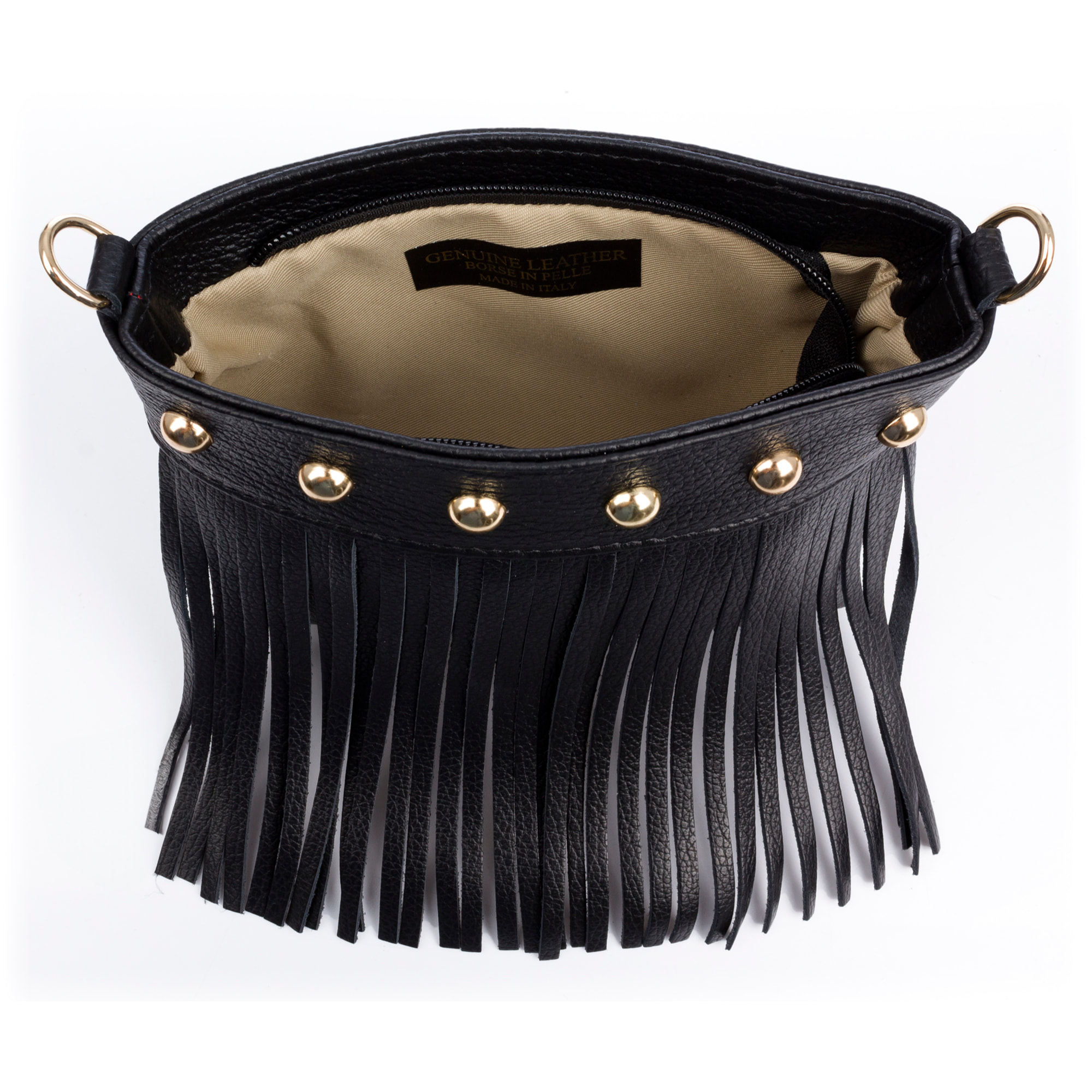 Bedulita Bolso bandolera Mujer. Piel auténtica Dollaro con flecos y detalles metálicos.