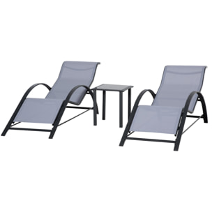 2 Tumbonas de Jardín 59x169x66 cm con Mesa de Café 41x41x45 cm de Vidrio Templado Reposabrazos para Patio Piscina Terraza Aire Libre Gris