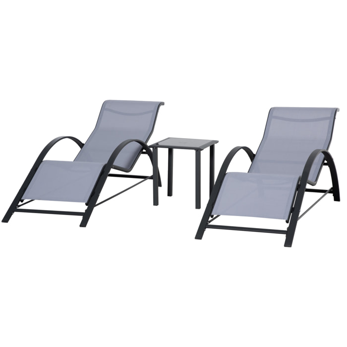 2 Tumbonas de Jardín 59x169x66 cm con Mesa de Café 41x41x45 cm de Vidrio Templado Reposabrazos para Patio Piscina Terraza Aire Libre Gris