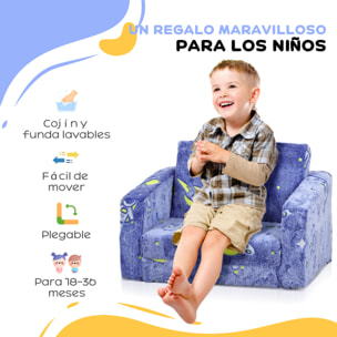 Sillón Infantil Plegable Sofá Infantil Reclinable 2 en 1 Sofá para Bebés Tapizado de Tela Luminosa Cojín y Funda Lavables para Dormitorio Salón Azul