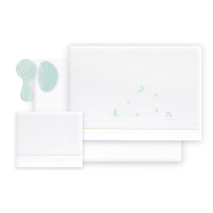 Triptico Cuna 100% Alg Don Algodon Estrellas Luna+ Peine y Cepillo Bco/Verde