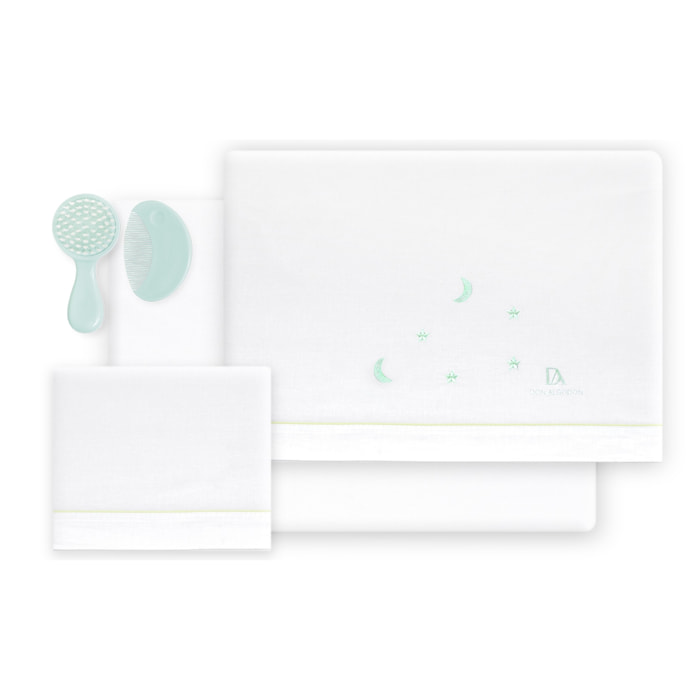 Triptico Cuna 100% Alg Don Algodon Estrellas Luna+ Peine y Cepillo Bco/Verde