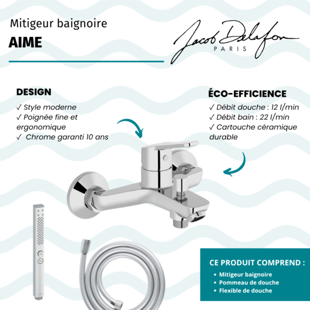 Mitigeur baignoire Aimé + pommeau de douche Shift+ carré + flexible de douche lisse
