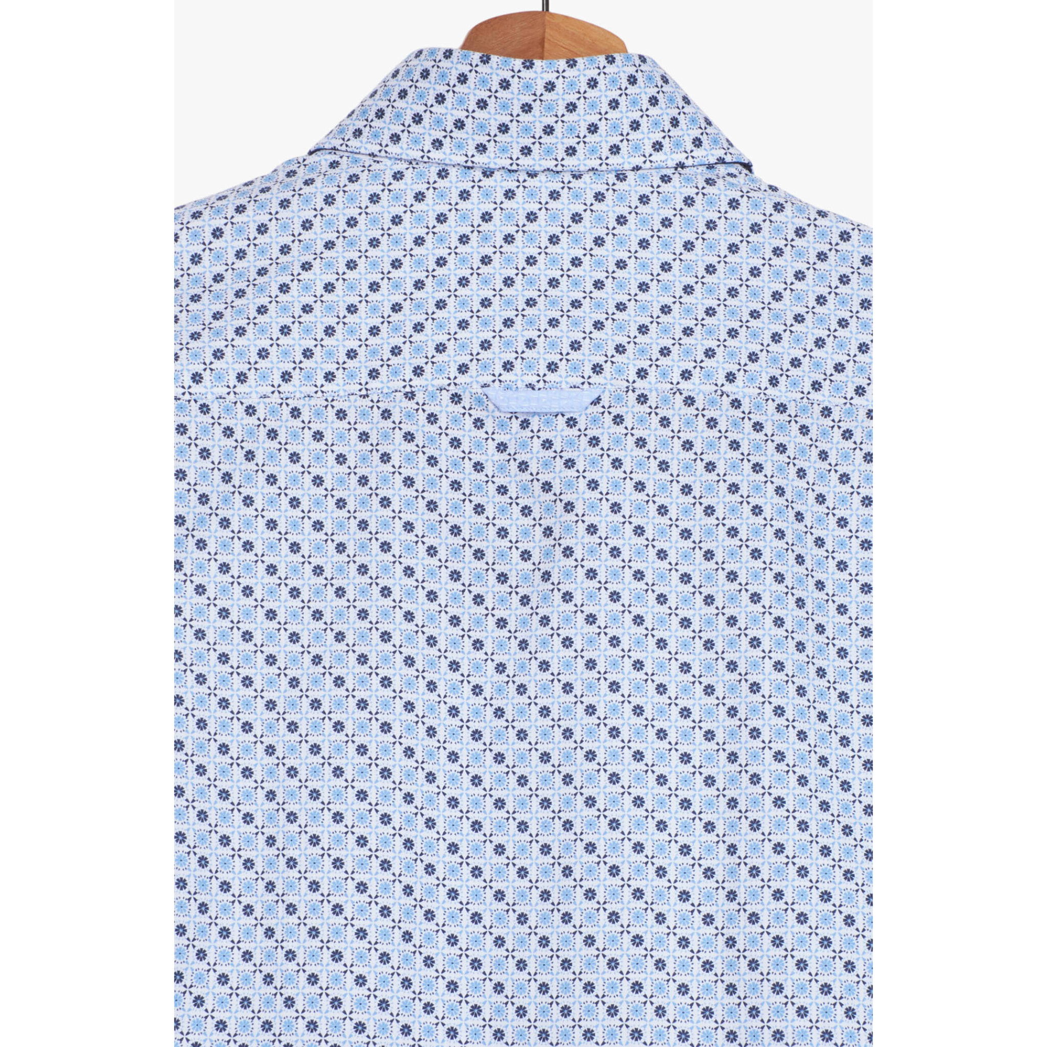 Camicia Uomo 2 Bottoni Button Down Slim Popeline Stampato Bianco/Celeste