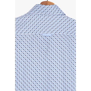 Camicia Uomo 2 Bottoni Button Down Slim Popeline Stampato Bianco/Celeste