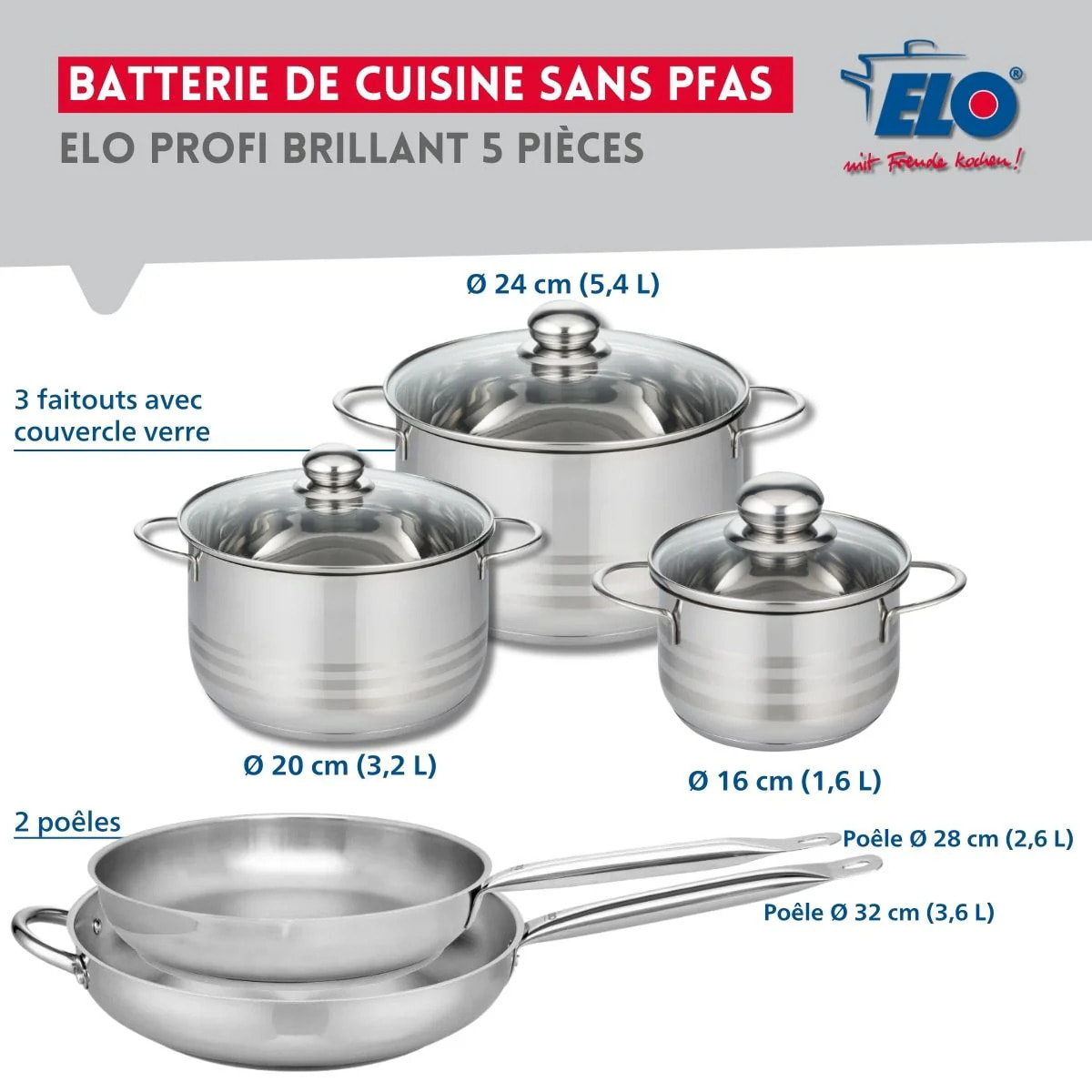 Ensemble de 2 Poêles de cuisson 28 et 32 cm et 3 faitouts 16, 20 et 24 cm Elo Profi Brillant
