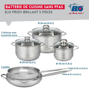 Ensemble de 2 Poêles de cuisson 28 et 32 cm et 3 faitouts 16, 20 et 24 cm Elo Profi Brillant