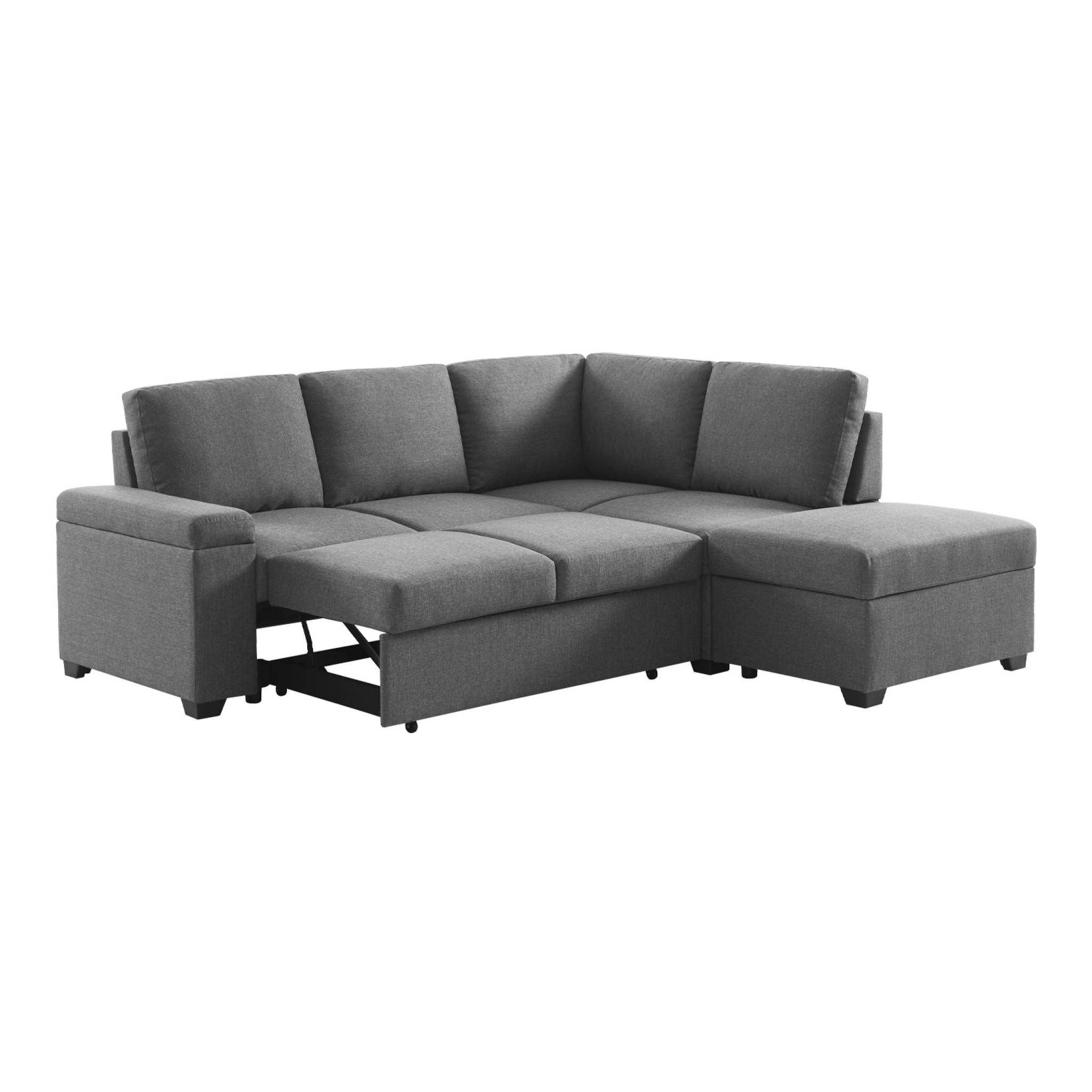 Canapé d'angle convertible. 3 places en tissu gris foncé avec pouf