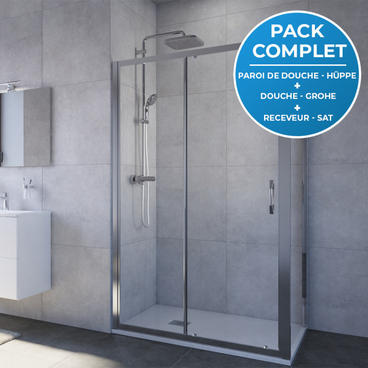 Pack douche complet : Porte coulissante 120cm + Paroi latérale 80cm + Colonne de douche avec mitigeur Grohe + Receveur 120x80cm