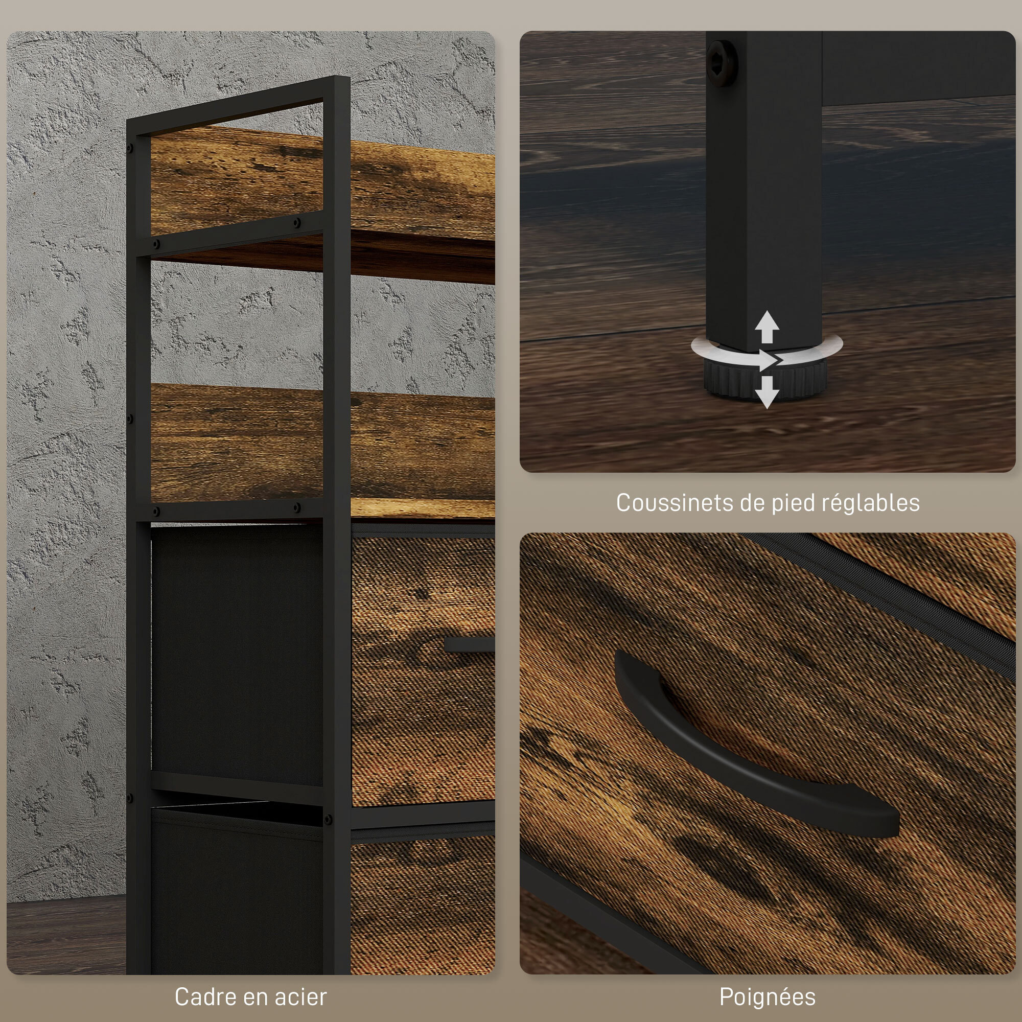 Commode 7 tiroirs non tissés pliables - structure acier noir - plateau MDF - aspect bois vieilli