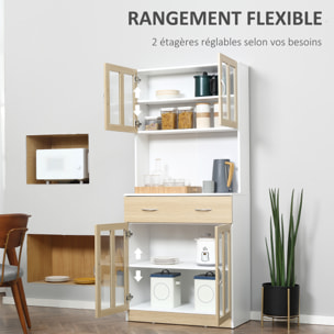 Buffet haut multi-rangement 4 portes vitrine verre avec étagère tiroir coulissant grand plateau panneaux particules blanc aspect chêne clair