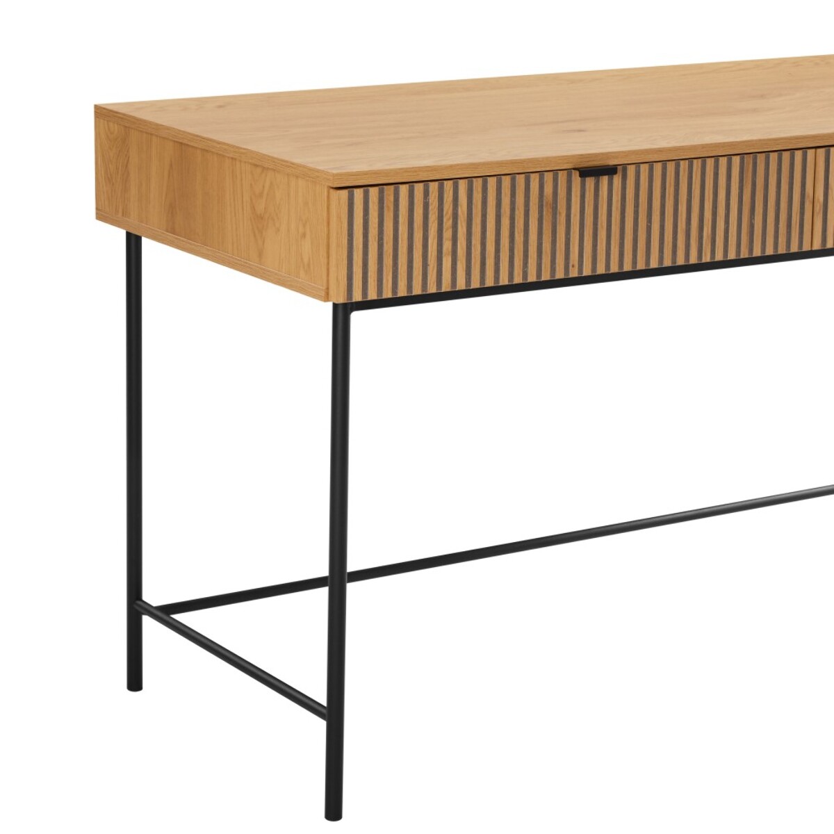 SCOTT - Bureau 2 tiroirs décor effet bois rainuré noir et naturel