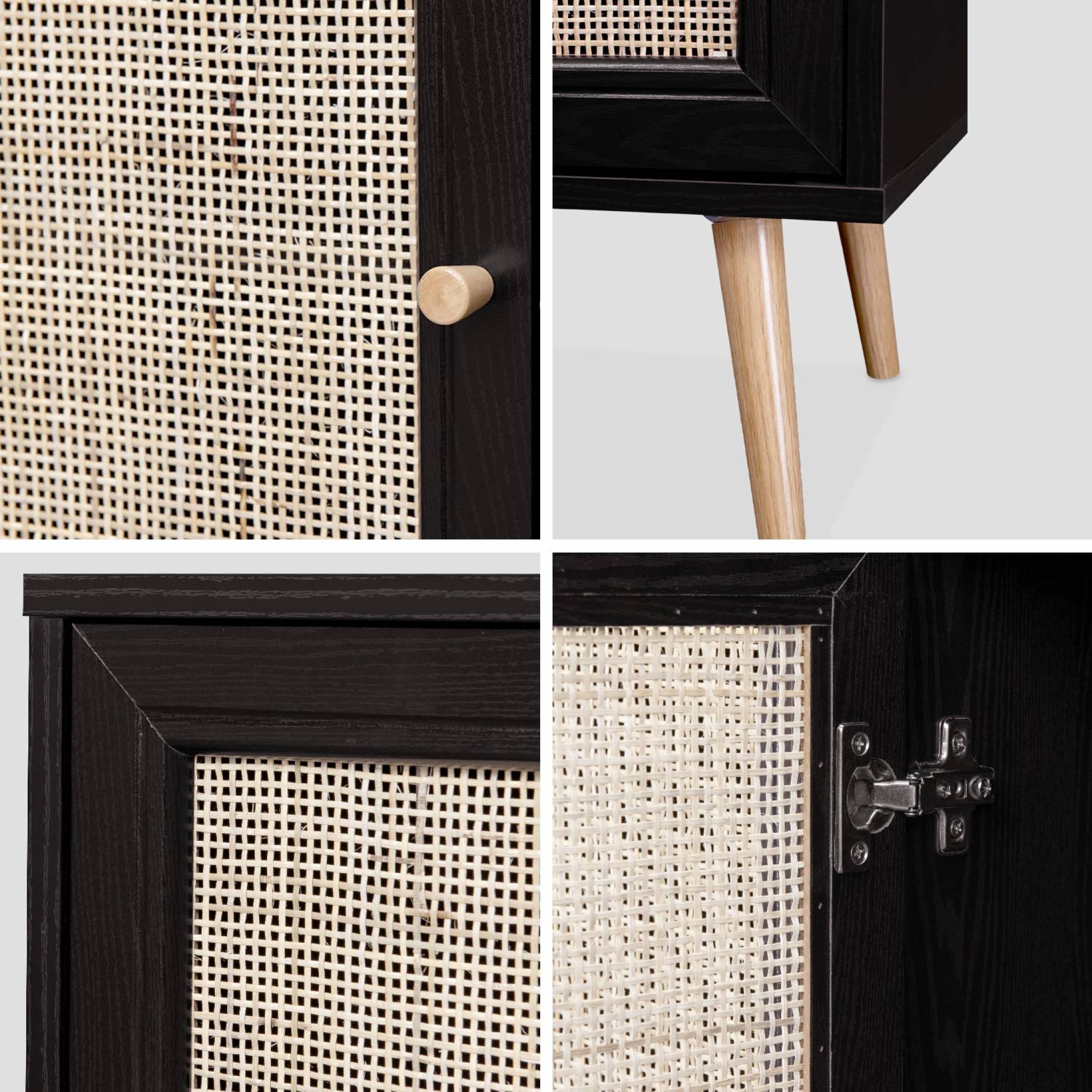 Meuble TV en cannage 120x39x56.5cm -  Bohème - Noir. 2 niveaux. 2 étagères. 2 portes. pieds scandinaves
