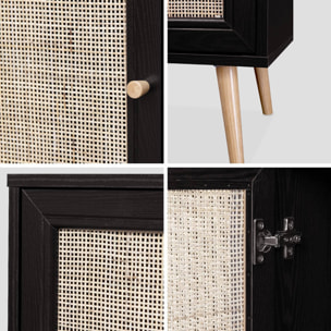 Meuble TV en cannage 120x39x56.5cm -  Bohème - Noir. 2 niveaux. 2 étagères. 2 portes. pieds scandinaves