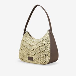 Bolso de hombro beige en rafia con hebilla