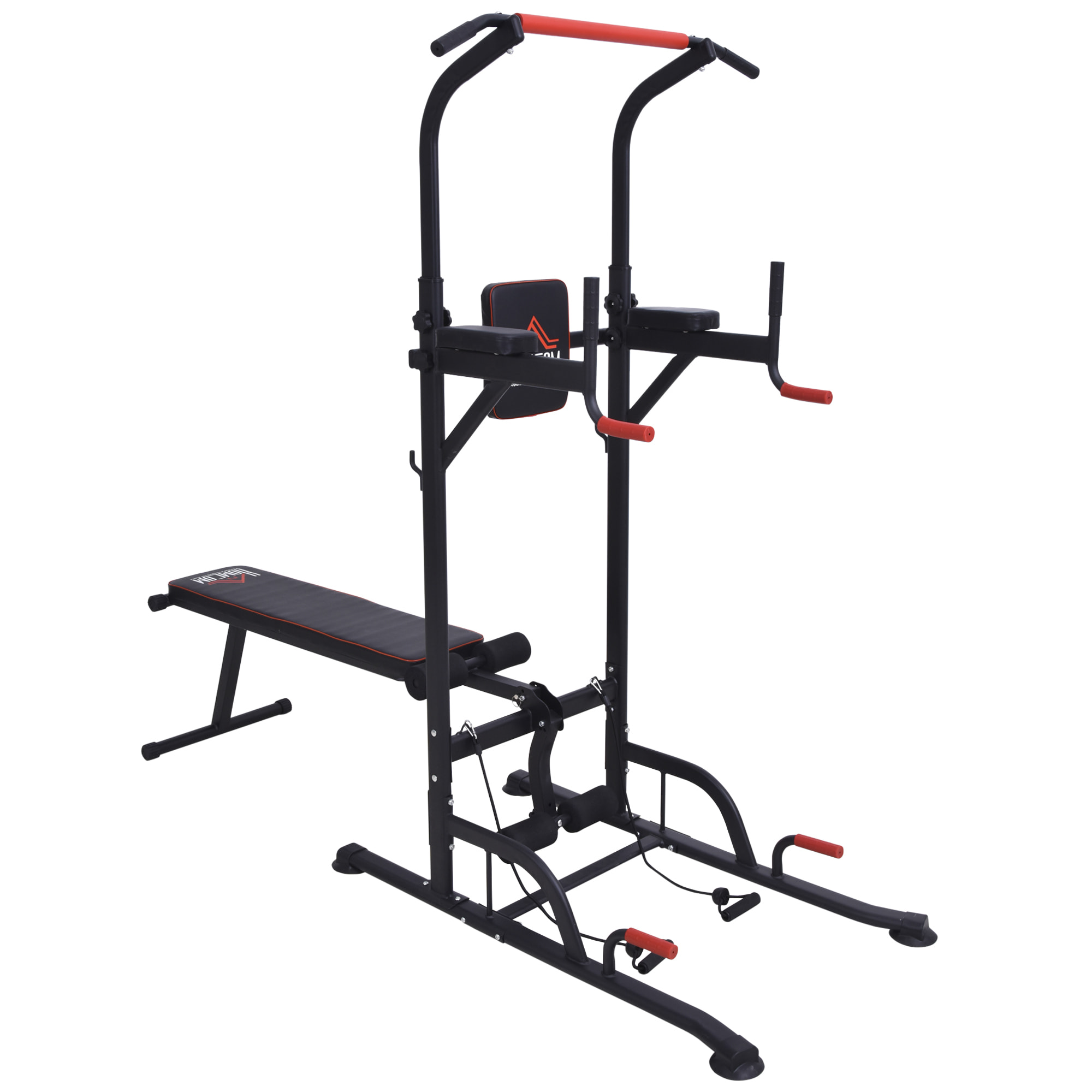 Estación de Musculación Multifuncional Torre de Entrenamiento Ajustable en Altura con Banco Plegable Barra de Dominadas para Fitness 220x98x181-229 cm Negro
