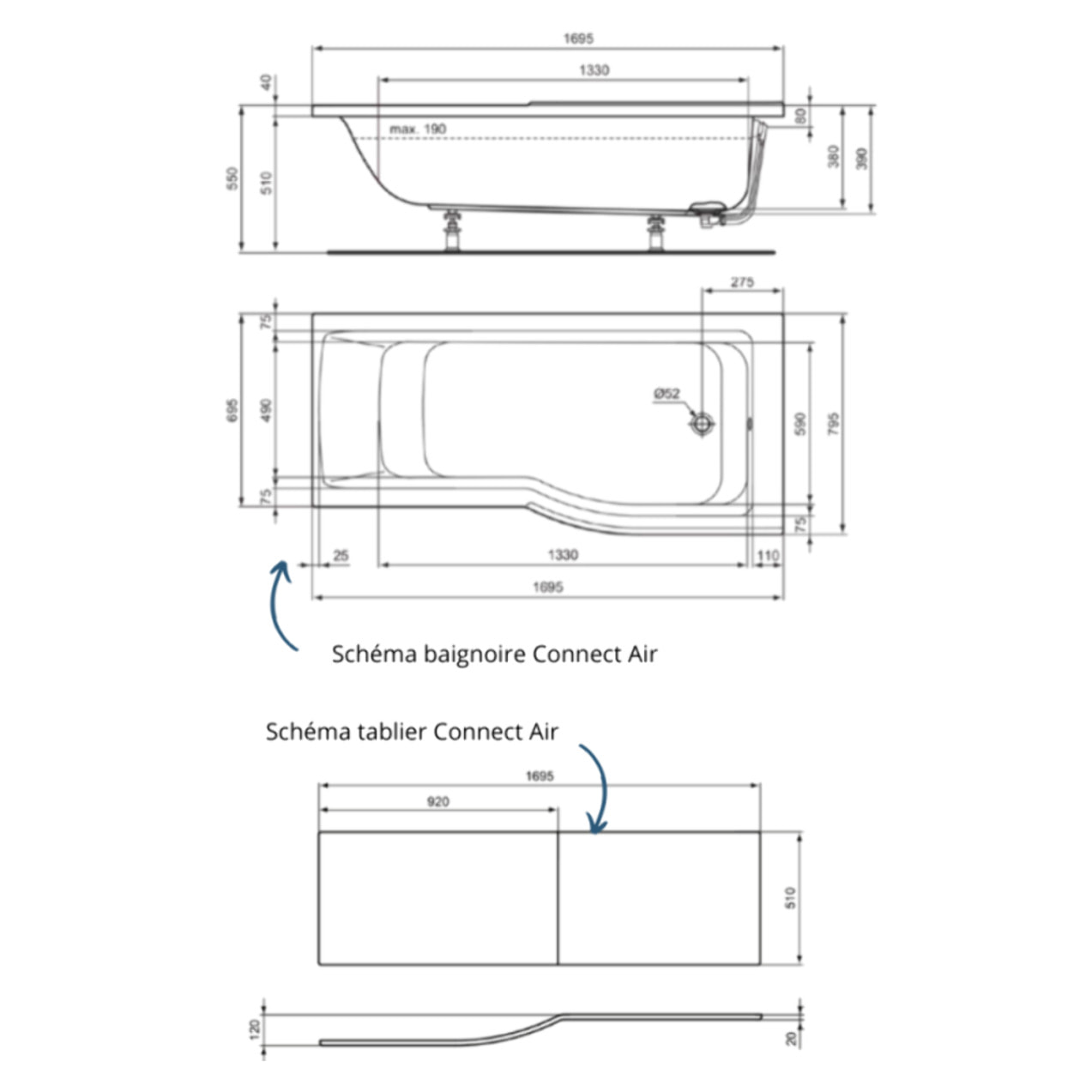 Baignoire bain douche 170 x 80 cm droite Connect Air + tablier