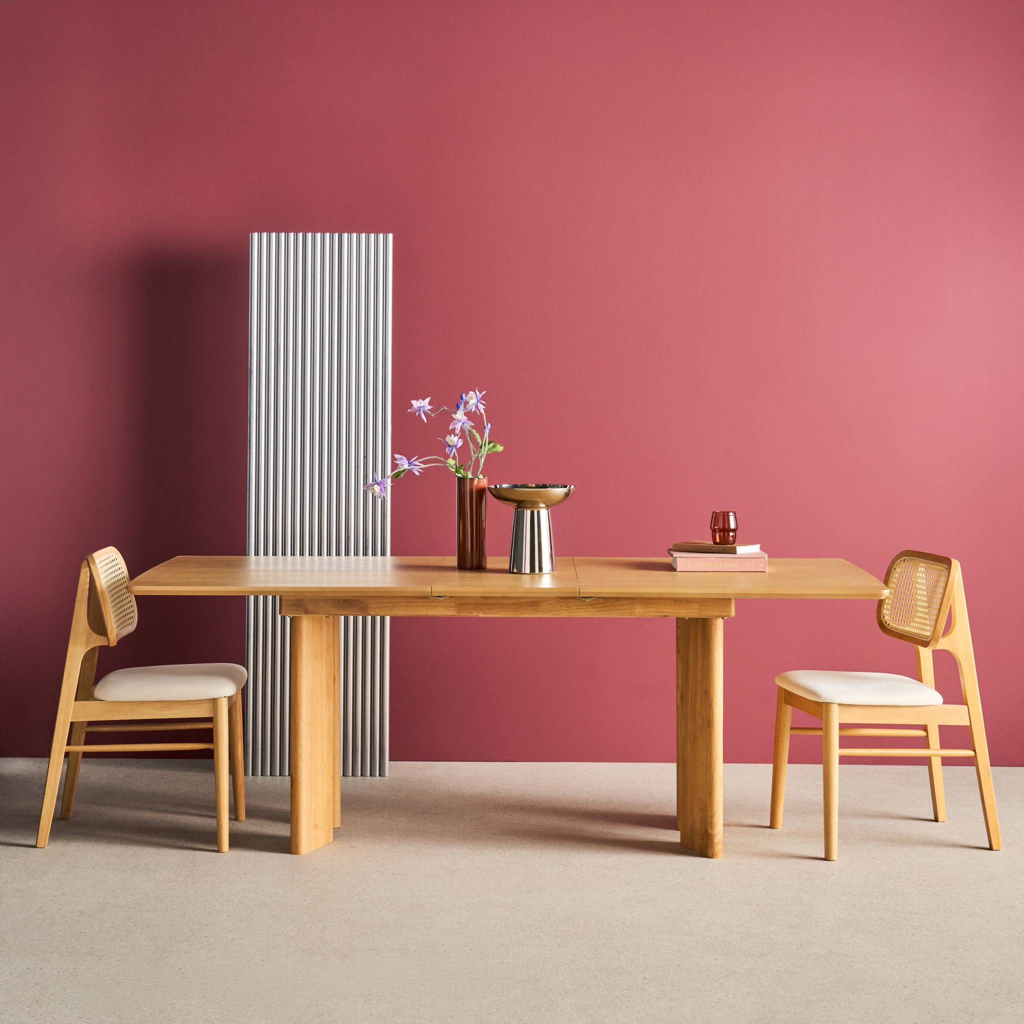 Table à manger rectangulaire extensible bois d'hévéa et placage chêne naturel 6-8 places 170-210cm - Albane