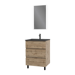 Pack Meuble SDB 60cm sur pieds 3 tiroirs Chene_Vasque noire + Miroir Led - TIMBER 60_Pack 14