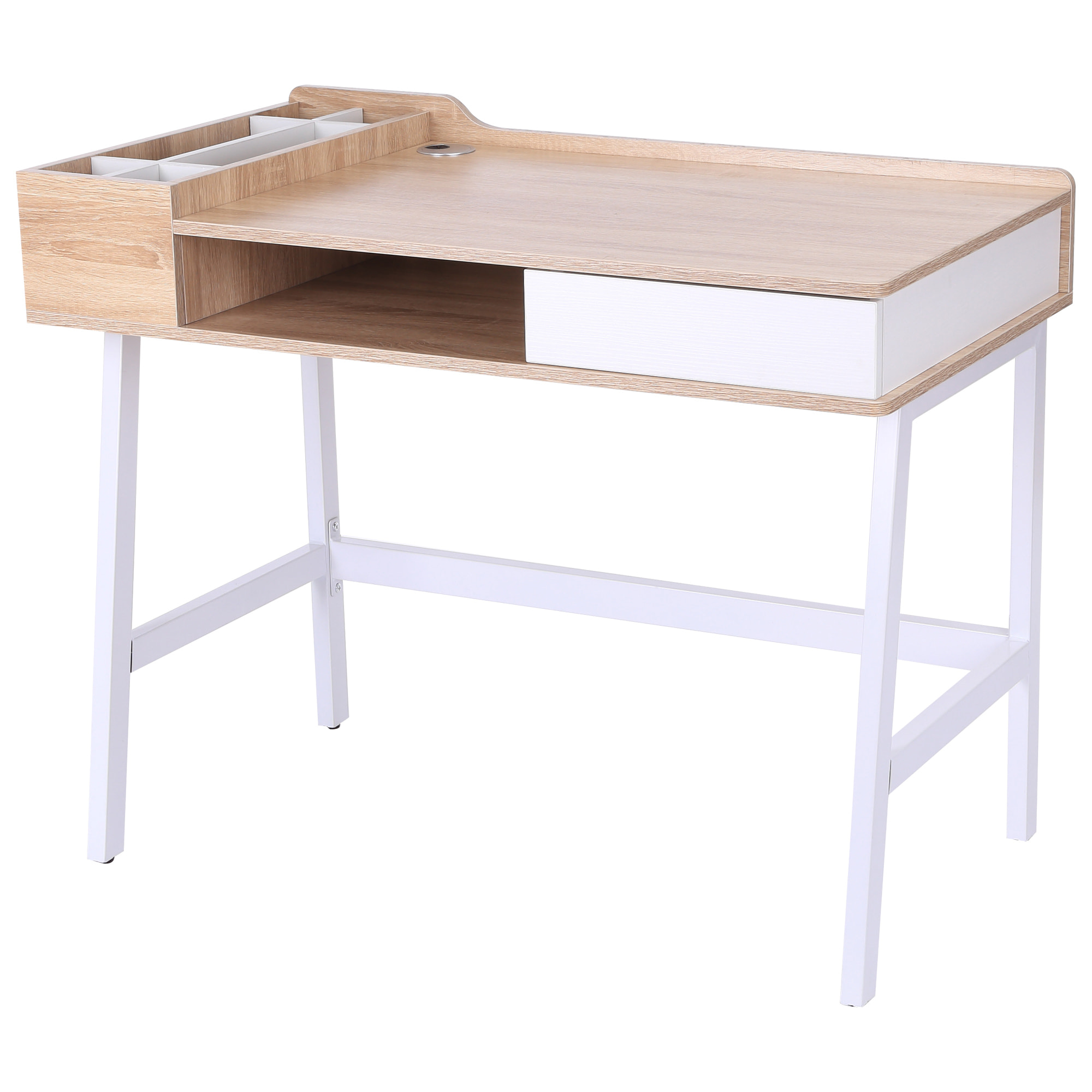 Bureau informatique multi-rangement style contemporain dim. 100L x 55l x 82H cm métal blanc MDF chêne clair