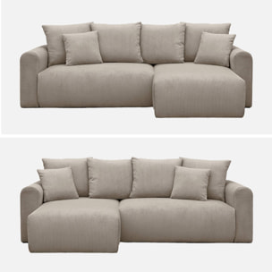 Canapé d'angle convertible réversible 3 places velours côtelé taupe avec coffre de rangement - Almo