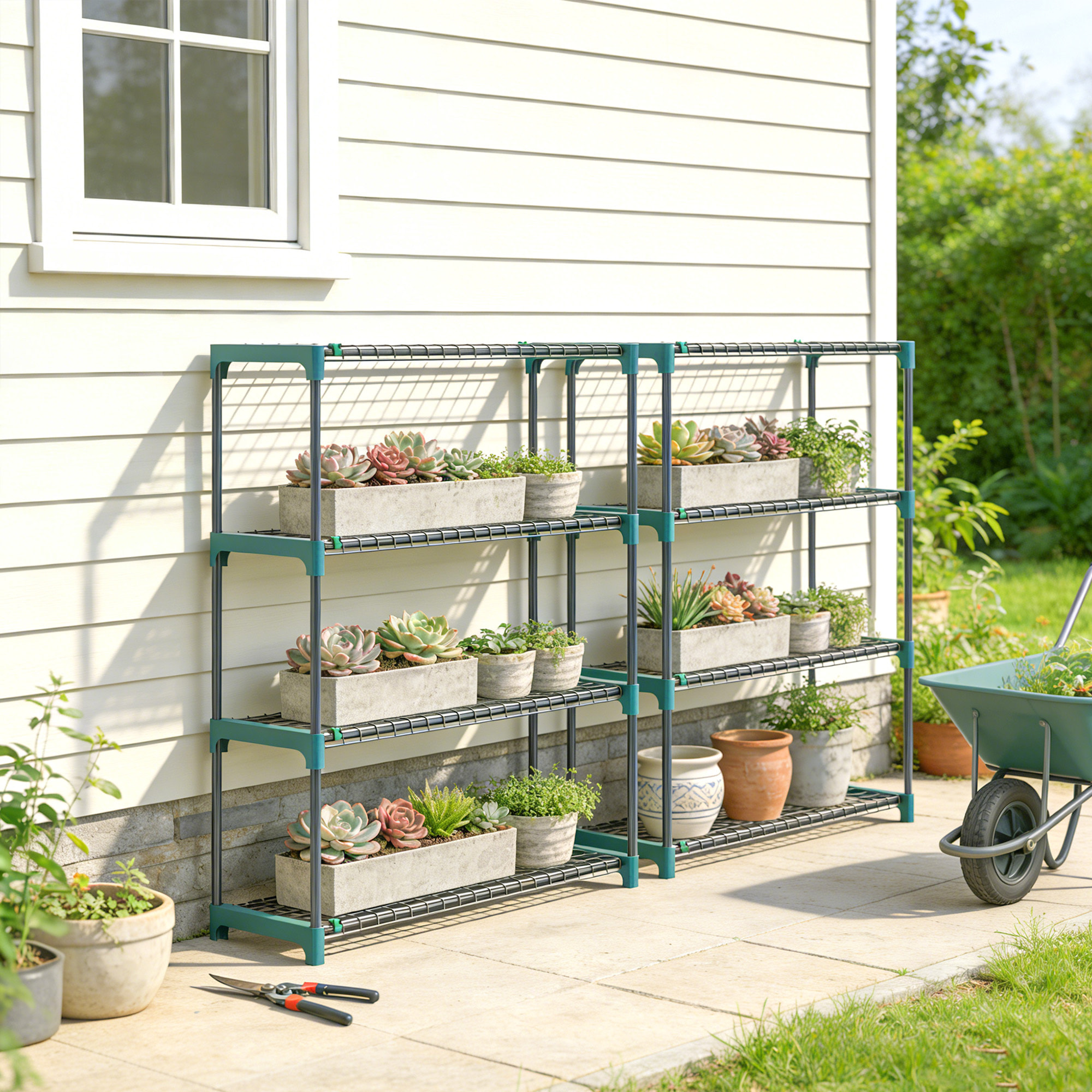 Juego de 2 Soportes para Plantas de 4 Niveles para Interior y Exterior, Estanterías para Plantas de Acero con Conectores para Fácil Montaje, Estantes para Macetas, Jardín, Balcón, Verde