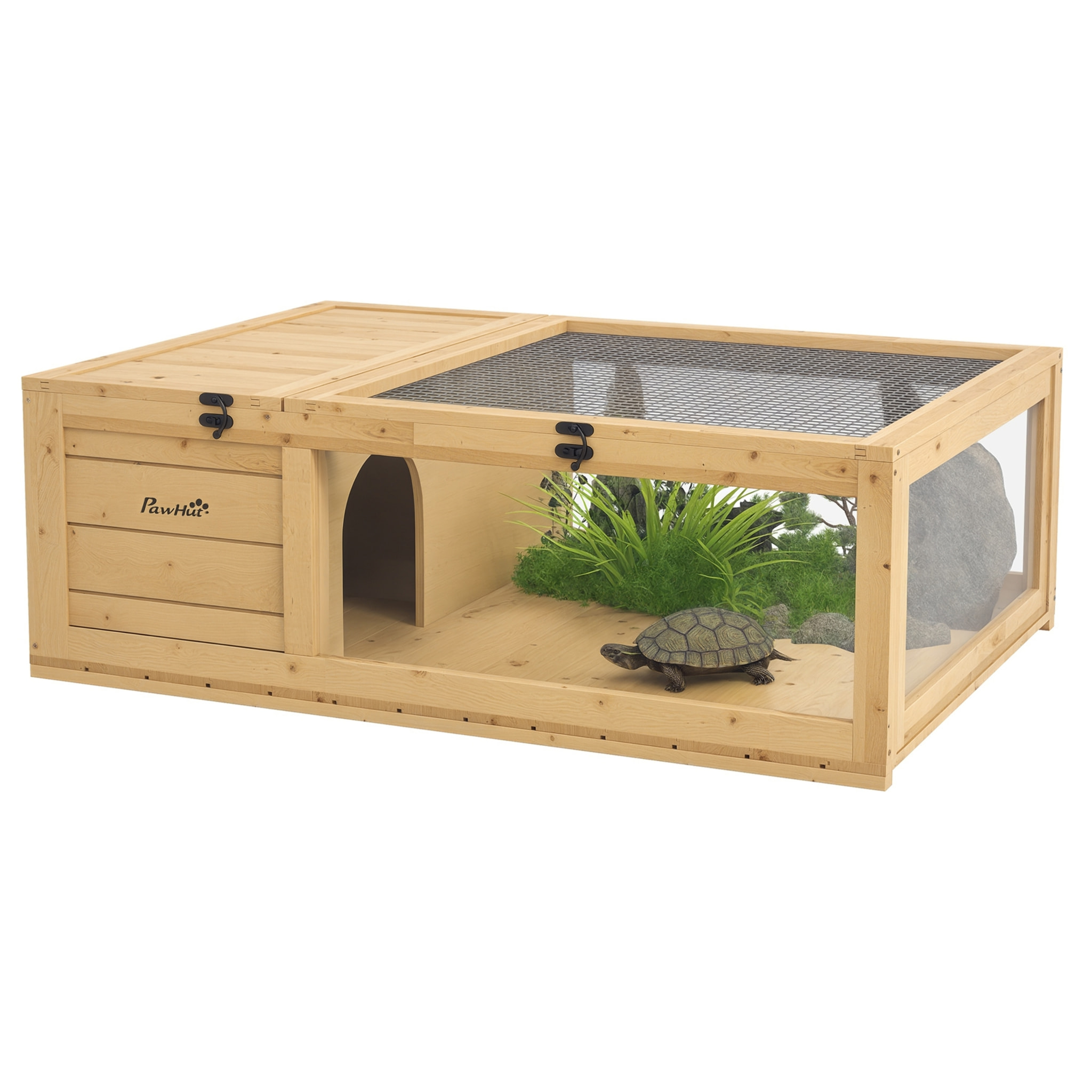 Casa para Tortugas de Madera, Terrario para Reptiles con Techo de Malla, Paneles Laterales Transparentes Extraíbles y Pestillo de Seguridad, Caseta para Tortugas, 91x60,5x32 cm, Natural