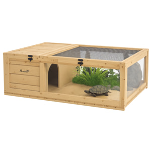 Casa para Tortugas de Madera, Terrario para Reptiles con Techo de Malla, Paneles Laterales Transparentes Extraíbles y Pestillo de Seguridad, Caseta para Tortugas, 91x60,5x32 cm, Natural