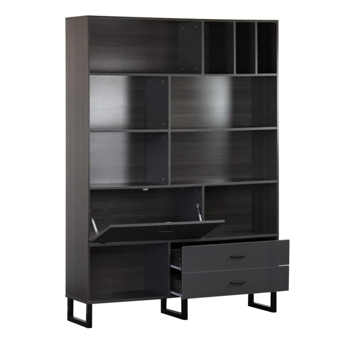 Libreria 8 vani 2 cassetti 1 anta 140x195x35 cm in legno effetto olmo scuro e grigio