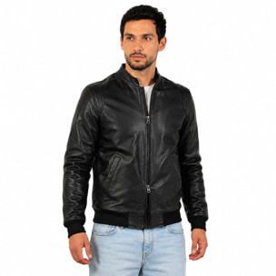 Giubbino in vera pelle di vitello foderato con trapunta invernale Nero-Slim Fit