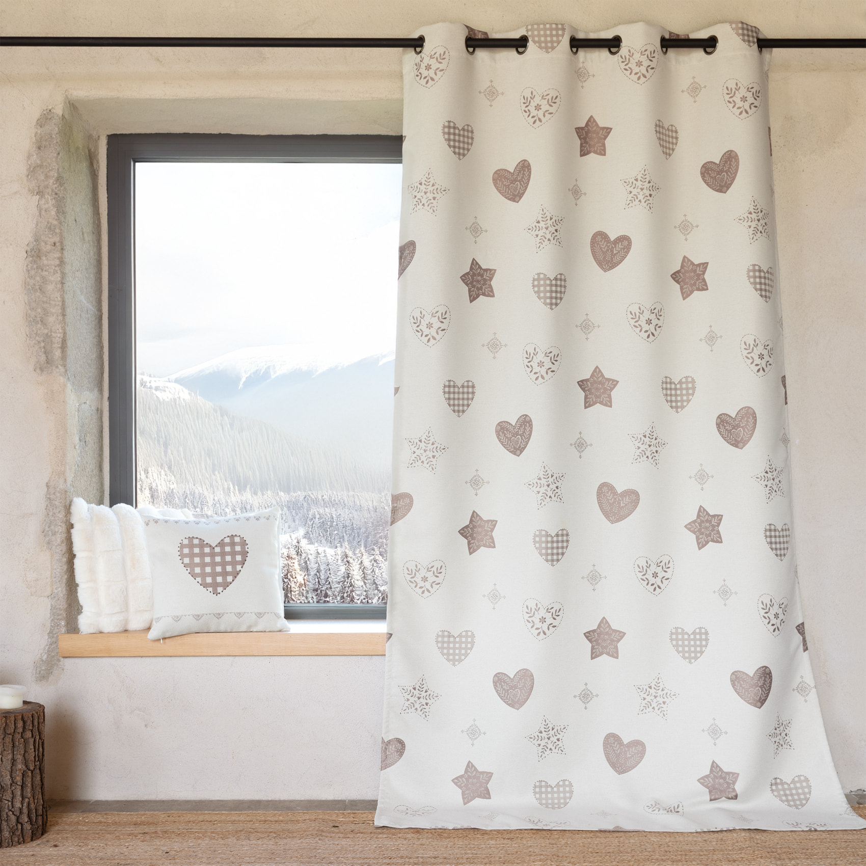 Rideau jacquard à œillets avec motif cœur - Lin