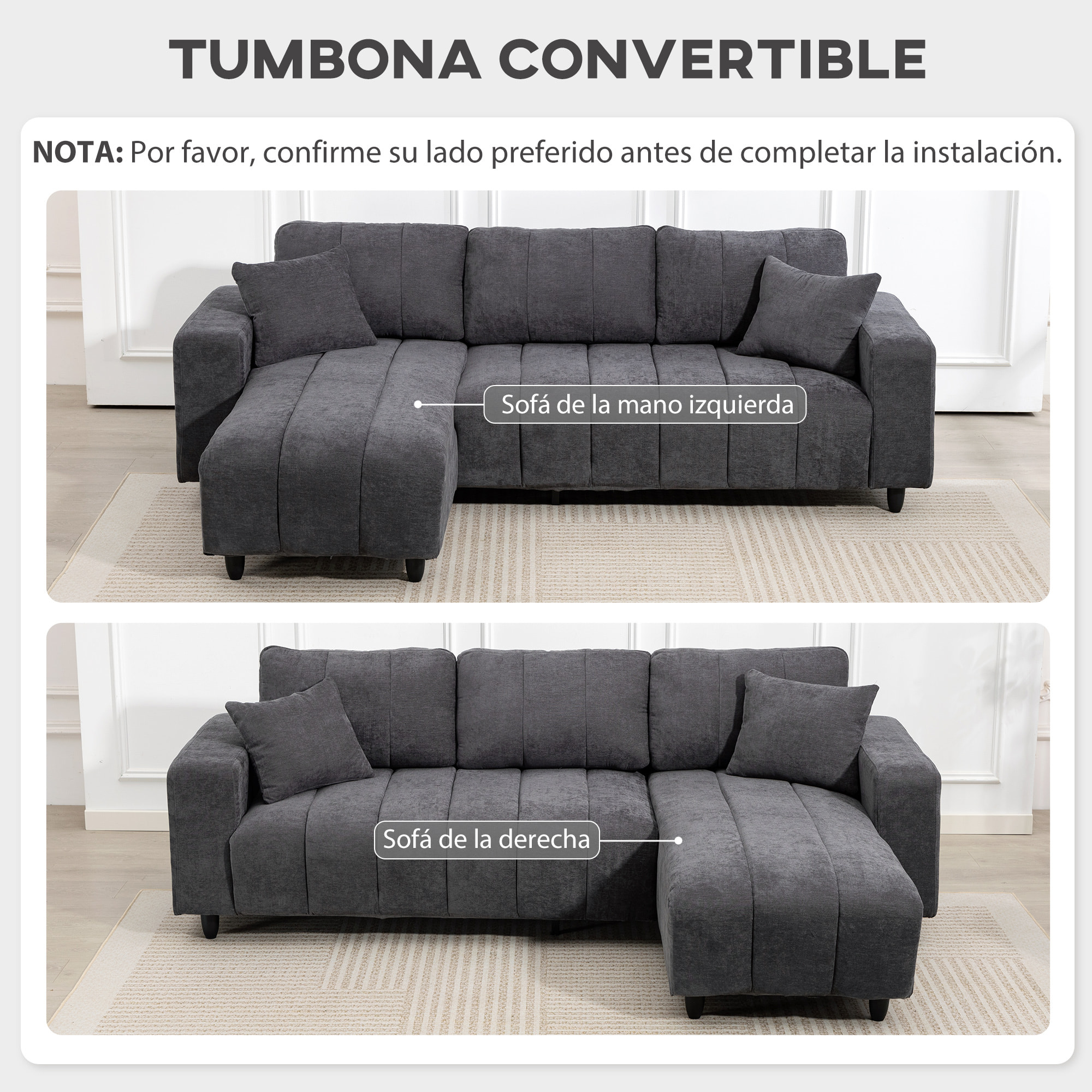 Sofá Chaise Longue Reversible, Sofá Esquinero en Forma de L de 3 Plazas, 2 Almohadas, Tapizado en Lino, Marco de Acero, para Salón, 242x156x87 cm, Gris Oscuro