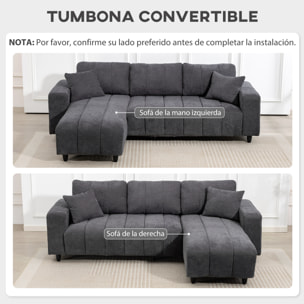 Sofá Chaise Longue Reversible, Sofá Esquinero en Forma de L de 3 Plazas, 2 Almohadas, Tapizado en Lino, Marco de Acero, para Salón, 242x156x87 cm, Gris Oscuro