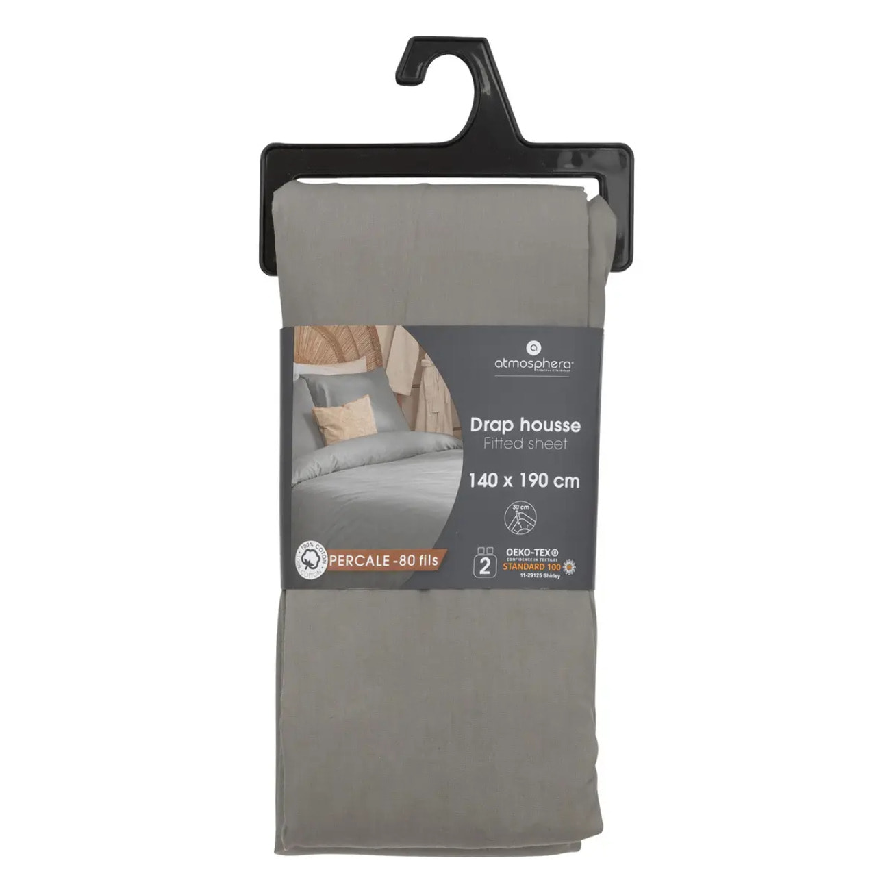 Drap-housse percale gris 90x190cm