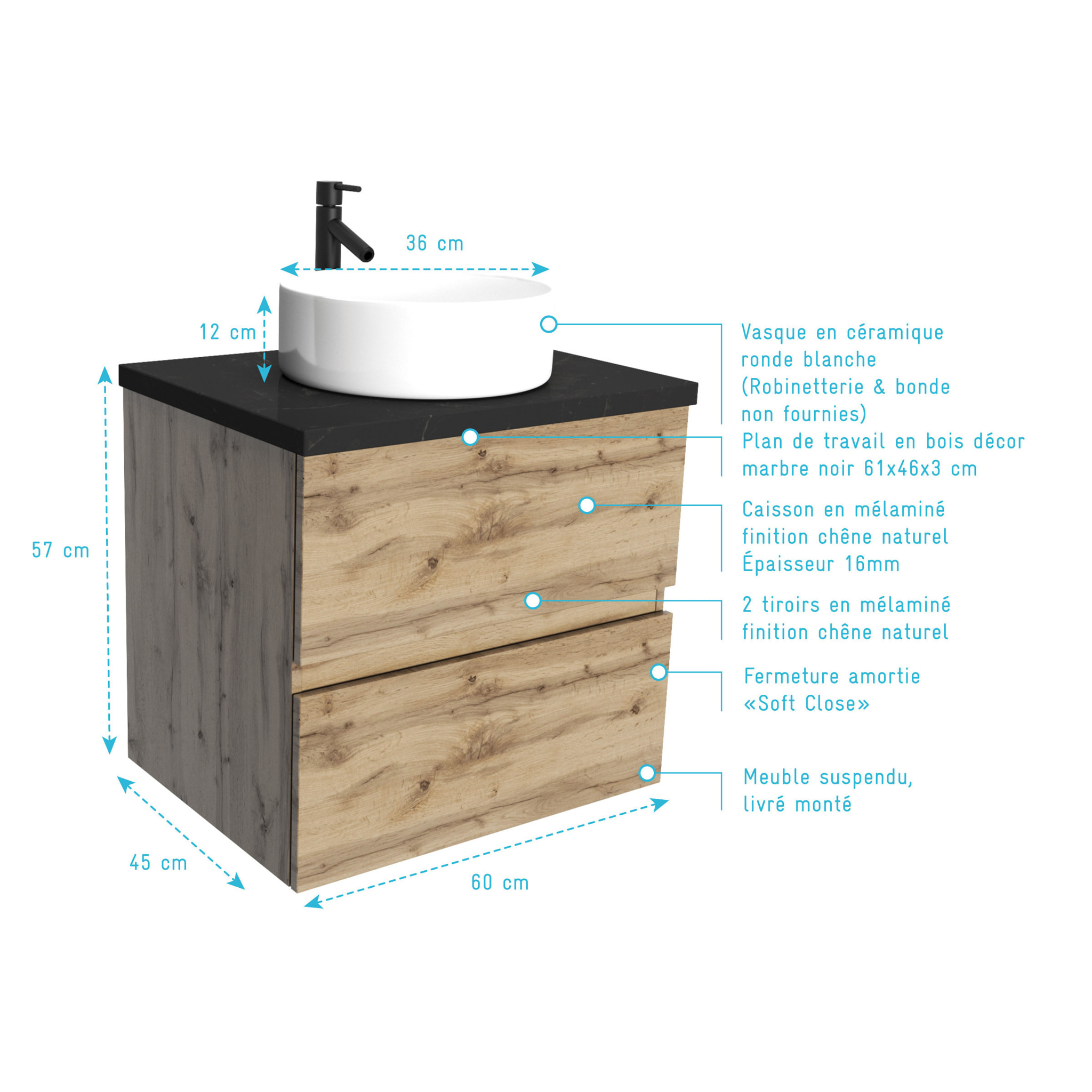 Meuble salle de bains 60cm Chêne Naturel 2 Tiroirs - Plan Effet Marbre Noir + Vasque Ronde Blanche