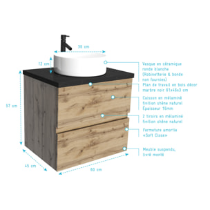 Meuble salle de bains 60cm Chêne Naturel 2 Tiroirs - Plan Effet Marbre Noir + Vasque Ronde Blanche